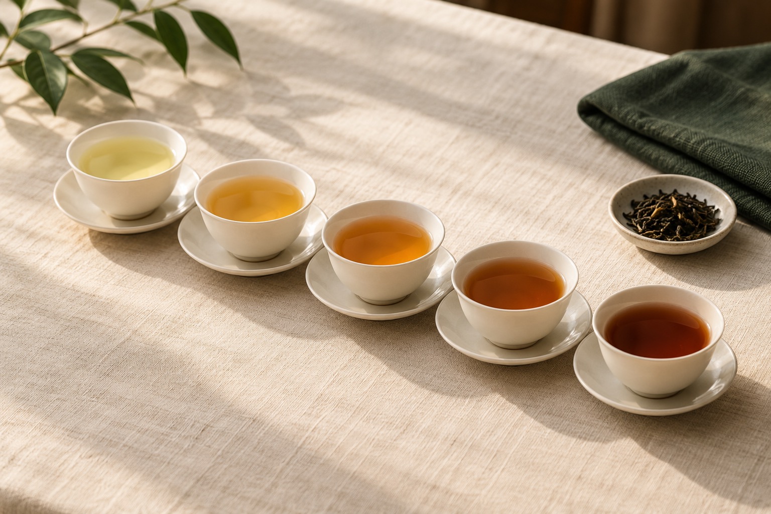 Five ivory tasting cups showing teas from pale gold to deep amber.