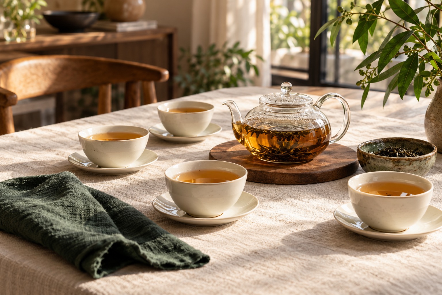 A glass teapot and ivory cups on a sunlit linen-covered table.